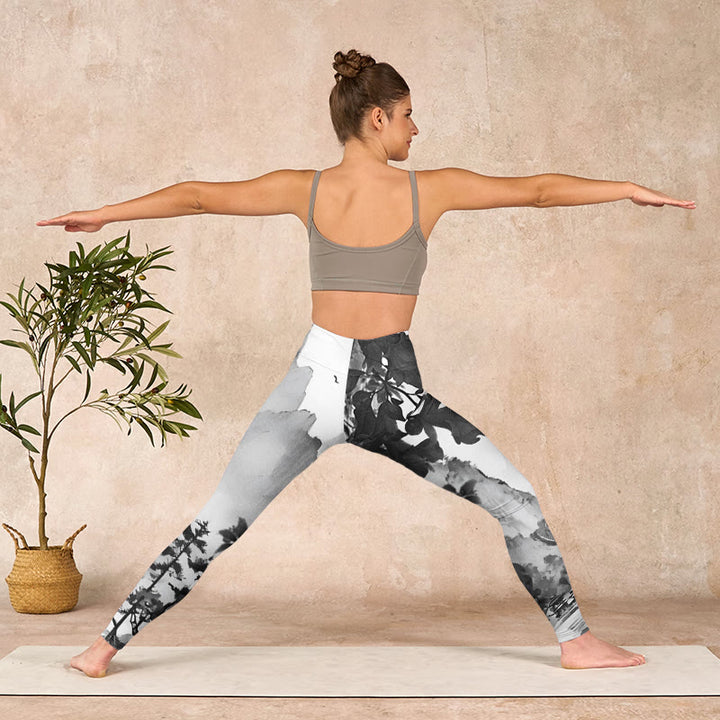 Buddha Stones Ink Painting Trees Mountains Scenery Print Gym Leggings Women's Yoga Pants - image 11