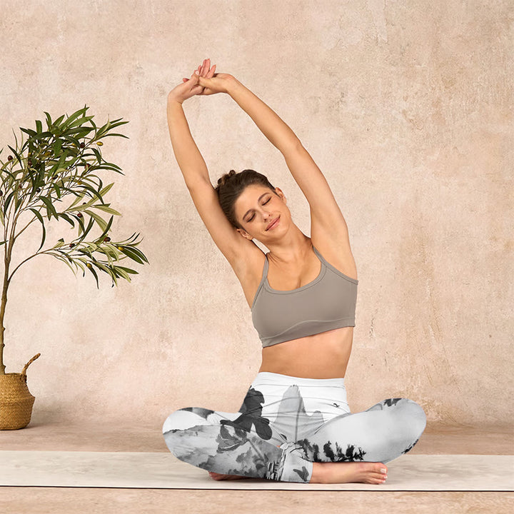 Buddha Stones Ink Painting Trees Mountains Scenery Print Gym Leggings Women's Yoga Pants - image 13