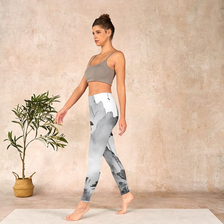 Buddha Stones Ink Painting Trees Mountains Scenery Print Gym Leggings Women's Yoga Pants - image 12