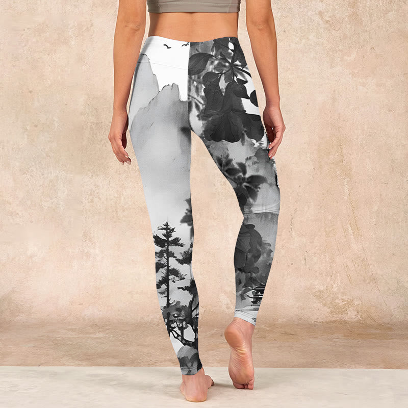 Buddha Stones Ink Painting Trees Mountains Scenery Print Gym Leggings Women's Yoga Pants - image 14
