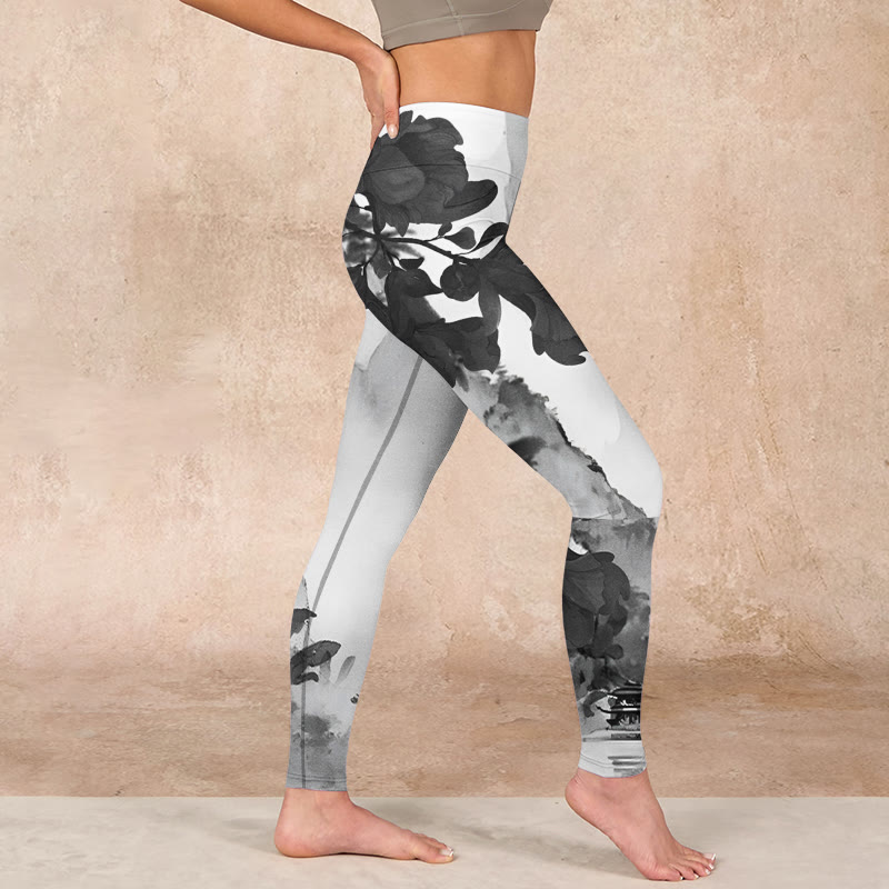 Buddha Stones Ink Painting Trees Mountains Scenery Print Gym Leggings Women's Yoga Pants - image 16