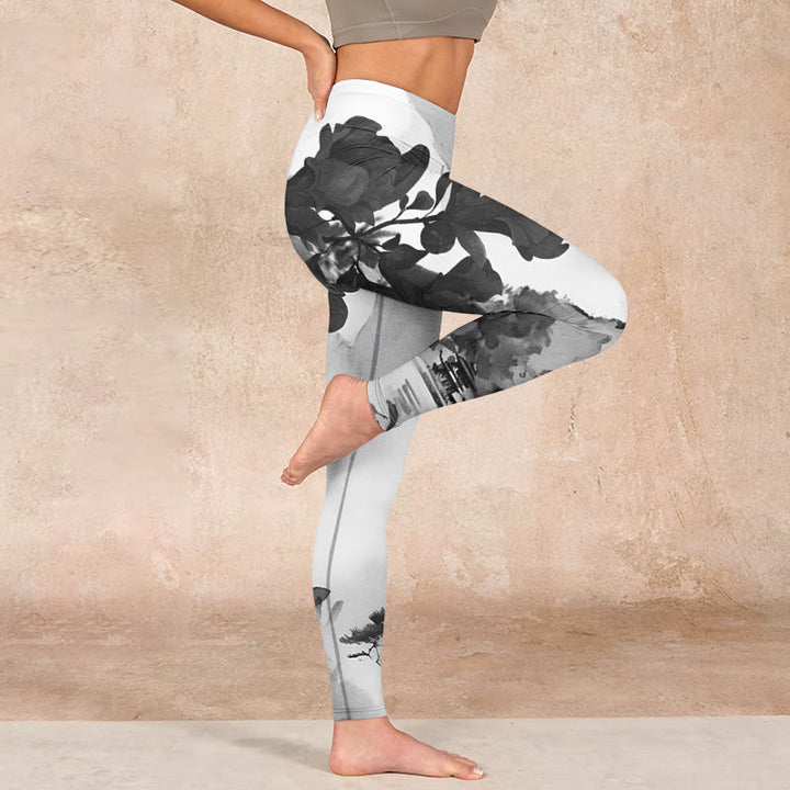 Buddha Stones Ink Painting Trees Mountains Scenery Print Gym Leggings Women's Yoga Pants - image 15