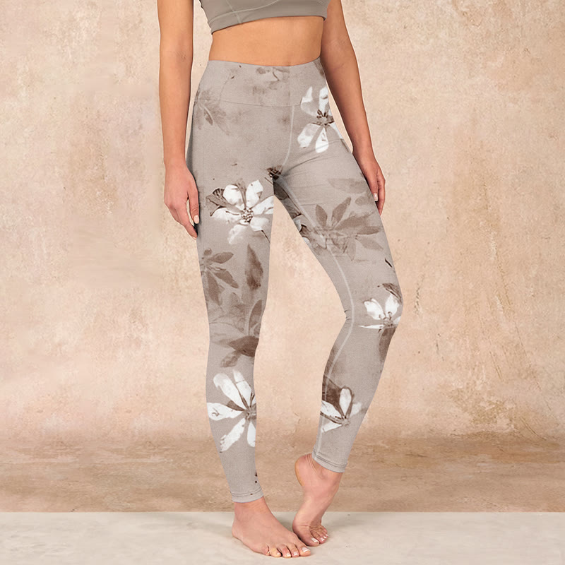 Buddha Stones White Brown Flowers Pattern Gym Leggings Women's Yoga Pants - BurlyWood - US18，UK/AU22，EU50 (4XL) - image 0
