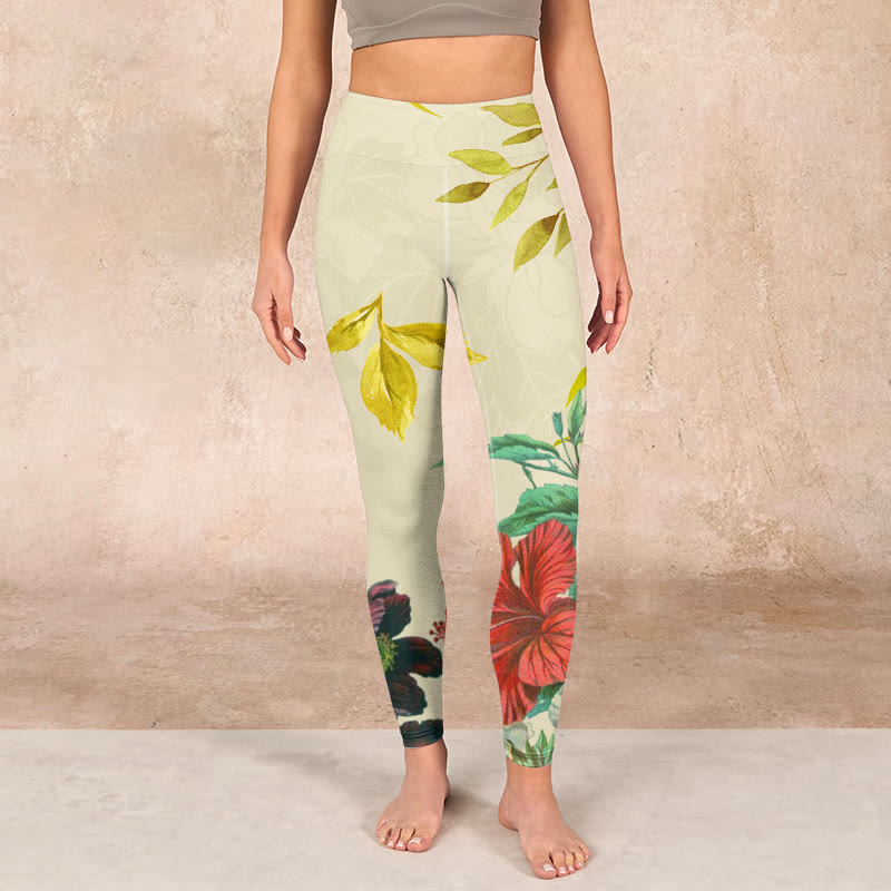 Buddha Stones Golden Green Leaves Colorful Flowers Gym Leggings Women's Yoga Pants - image 1