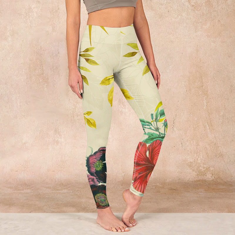 Buddha Stones Golden Green Leaves Colorful Flowers Gym Leggings Women's Yoga Pants - Khaki - US18，UK/AU22，EU50 (4XL) - image 0
