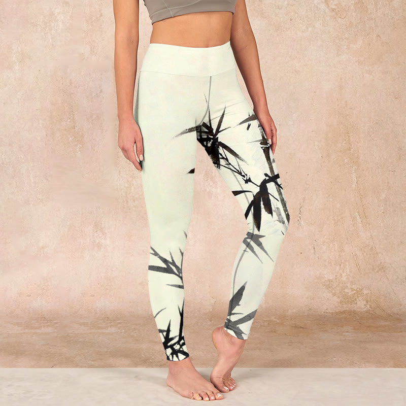 Buddha Stones Ink Painting Bamboo Leaves Print Sports Leggings Women's Yoga Pants - Cornsilk - US18，UK/AU22，EU50 (4XL) - image 0