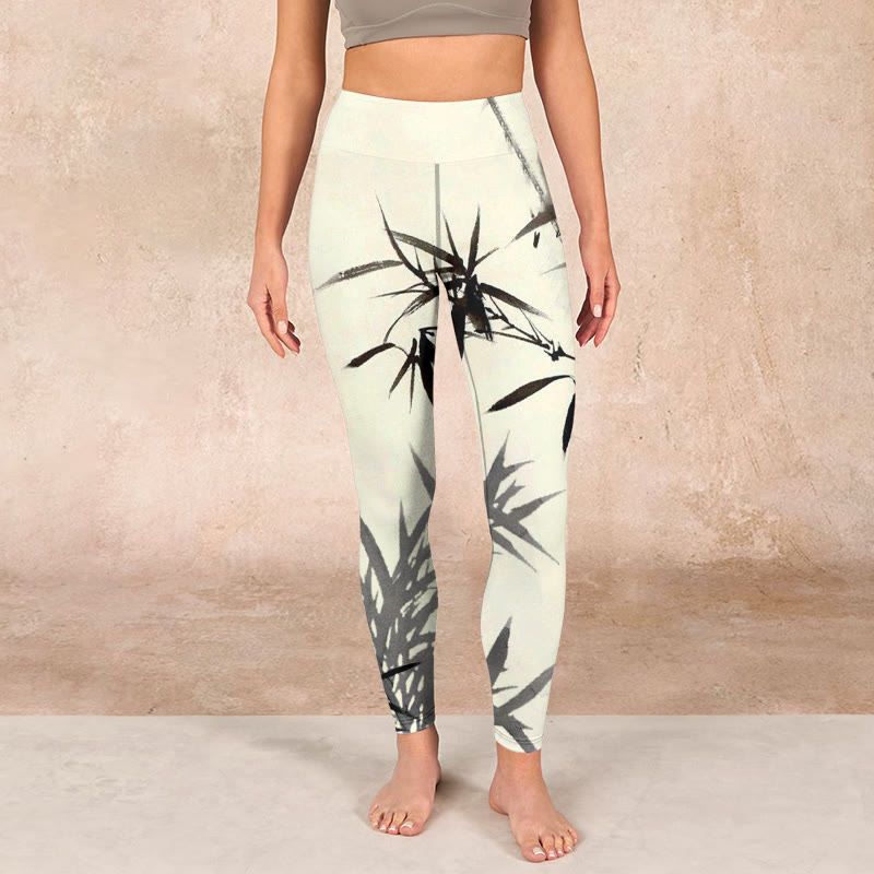 Buddha Stones Ink Painting Bamboo Leaves Print Sports Leggings Women's Yoga Pants - image 1