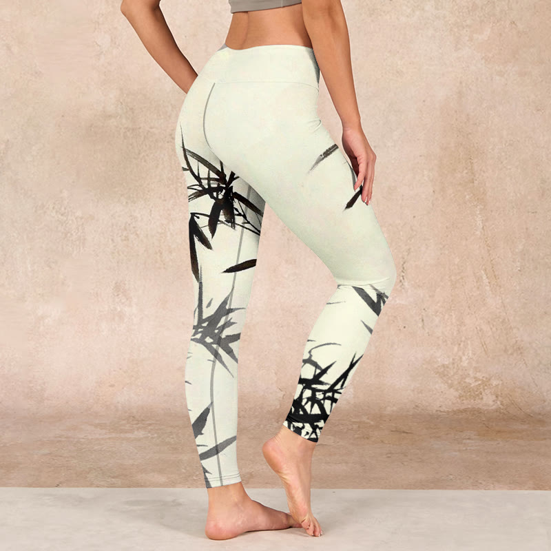 Buddha Stones Ink Painting Bamboo Leaves Print Sports Leggings Women's Yoga Pants - image 2