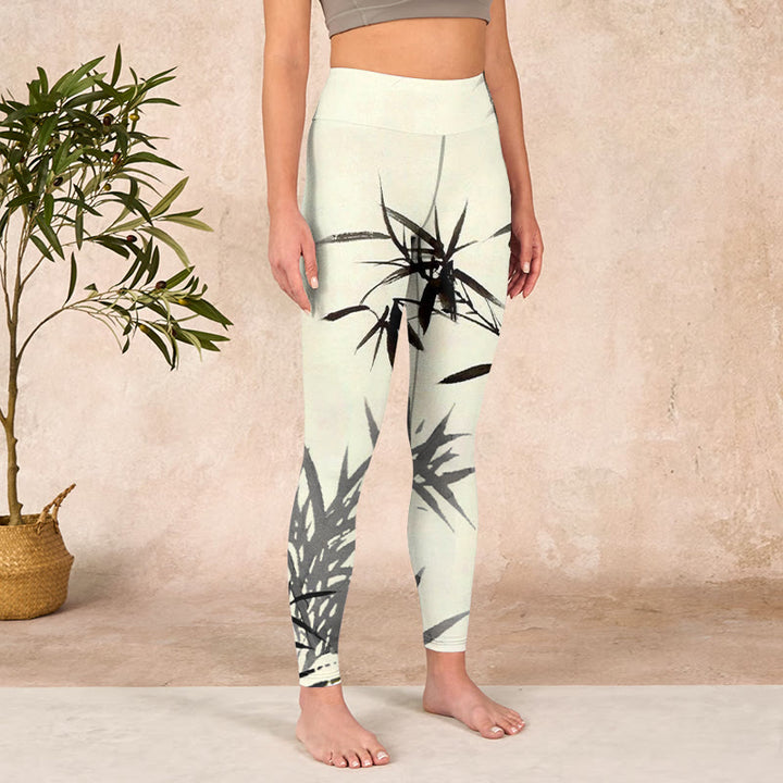 Buddha Stones Ink Painting Bamboo Leaves Print Sports Leggings Women's Yoga Pants - image 3
