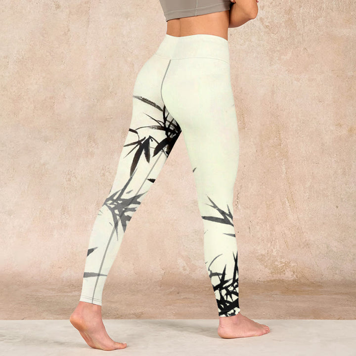 Buddha Stones Ink Painting Bamboo Leaves Print Sports Leggings Women's Yoga Pants - image 4