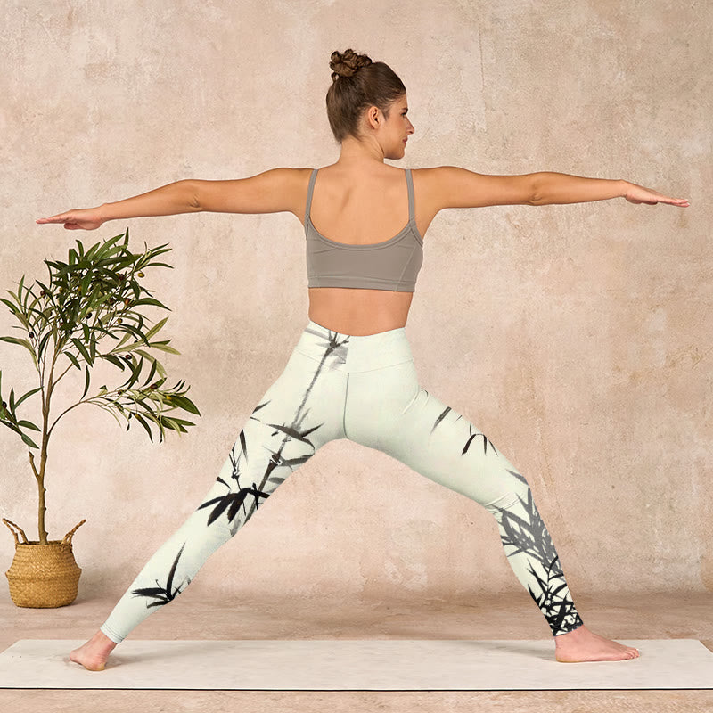 Buddha Stones Ink Painting Bamboo Leaves Print Sports Leggings Women's Yoga Pants - image 11