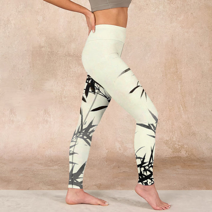 Buddha Stones Ink Painting Bamboo Leaves Print Sports Leggings Women's Yoga Pants - image 15