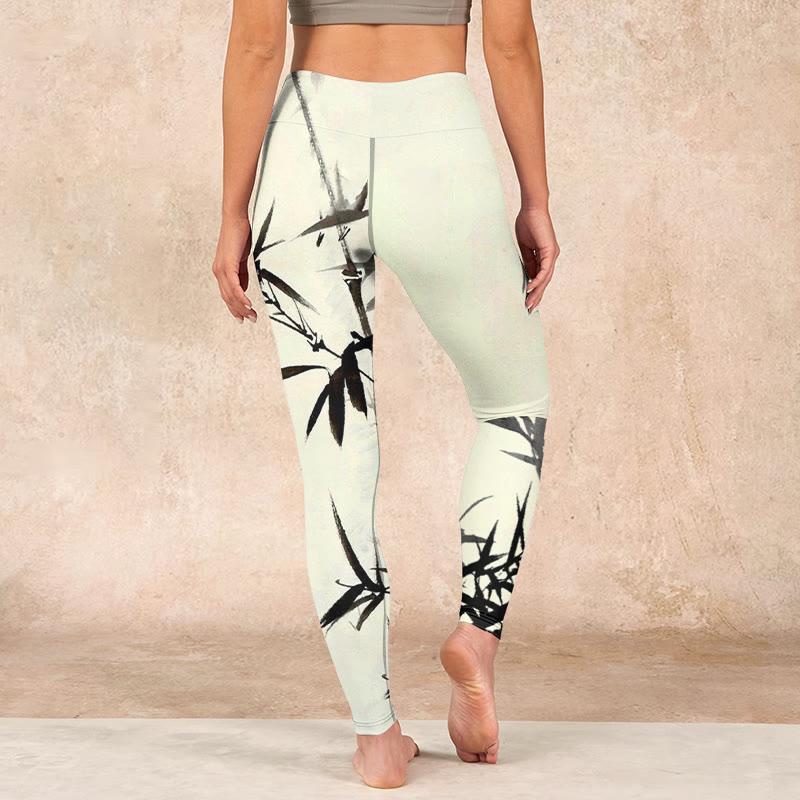 Buddha Stones Ink Painting Bamboo Leaves Print Sports Leggings Women's Yoga Pants - image 14