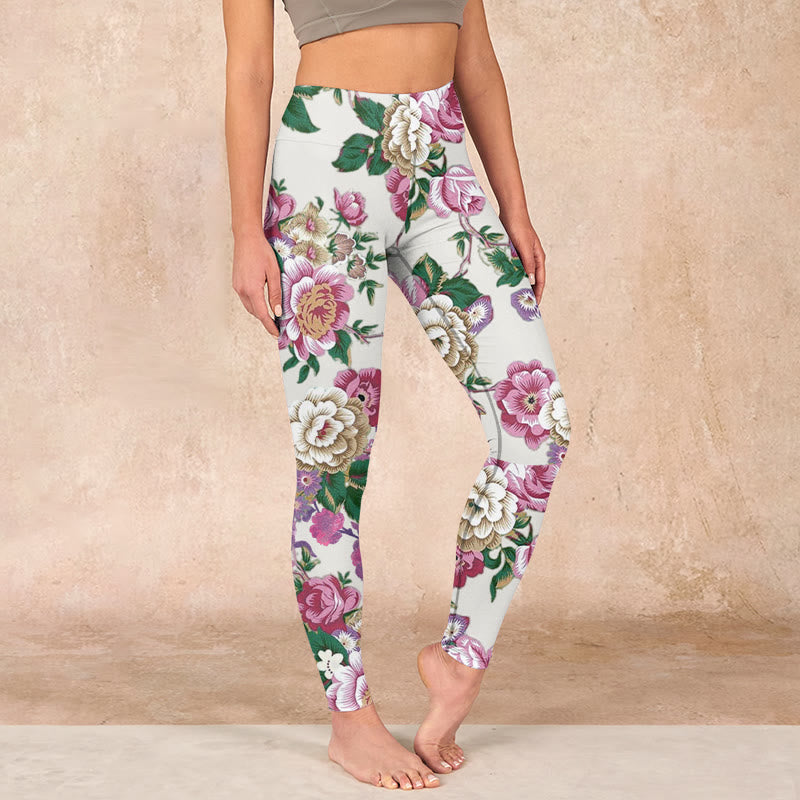 Buddha Stones Red White Peony Flower Print Sports Leggings Women's Yoga Pants - Seashell - US18，UK/AU22，EU50 (4XL) - image 0