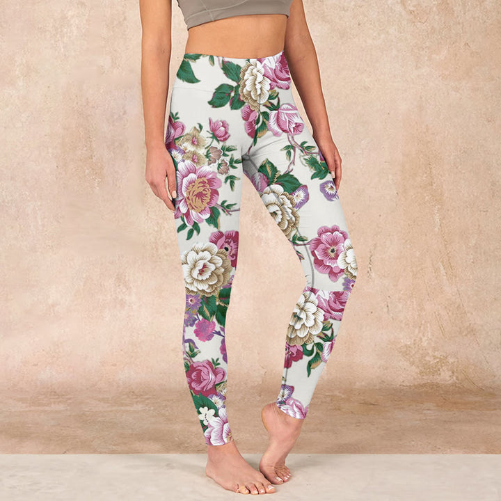 Buddha Stones Red White Peony Flower Print Sports Leggings Women's Yoga Pants - Seashell - US18，UK/AU22，EU50 (4XL) - image 0