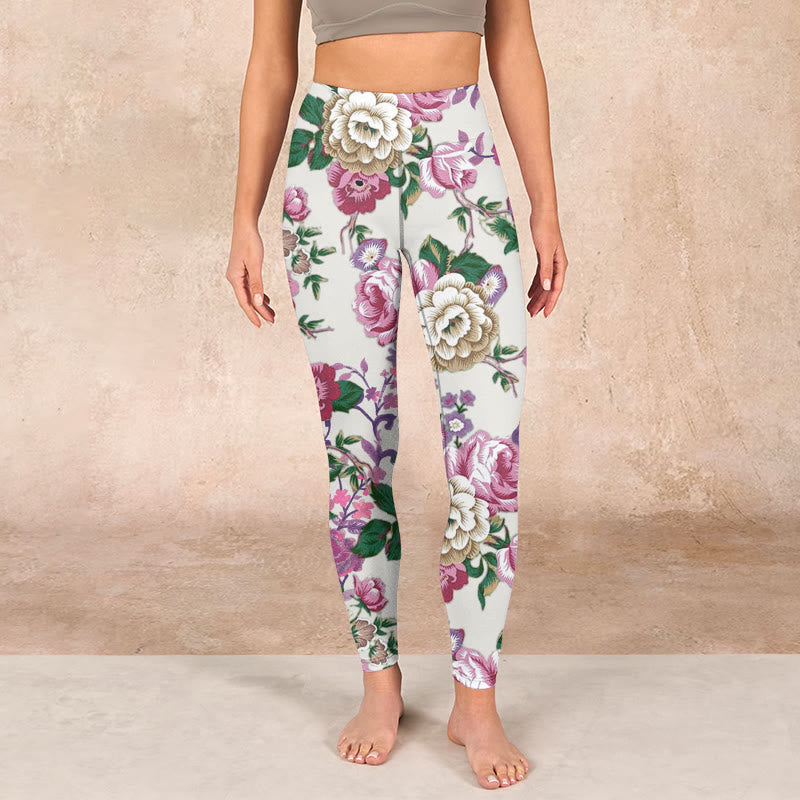 Buddha Stones Red White Peony Flower Print Sports Leggings Women's Yoga Pants - image 1