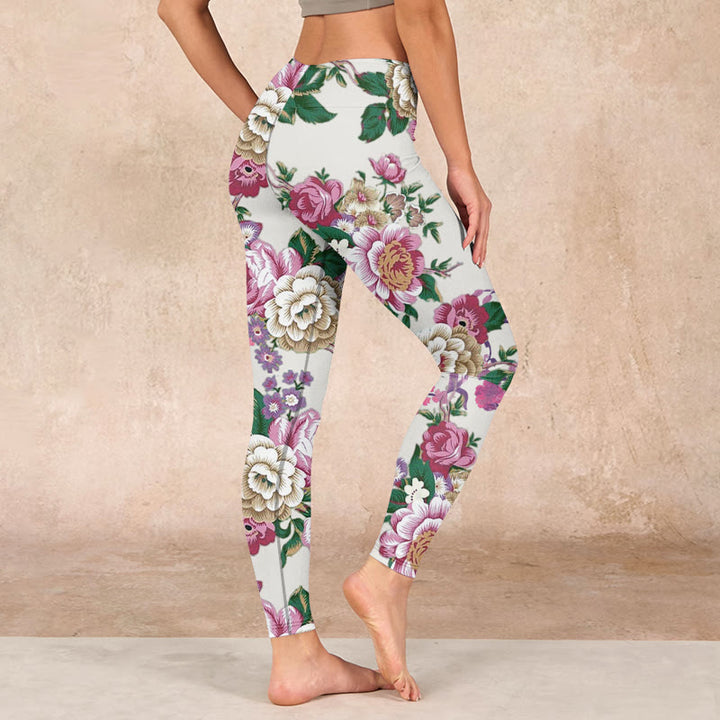 Buddha Stones Red White Peony Flower Print Sports Leggings Women's Yoga Pants - image 2