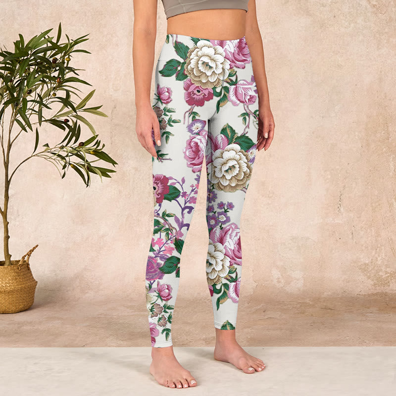 Buddha Stones Red White Peony Flower Print Sports Leggings Women's Yoga Pants - image 3