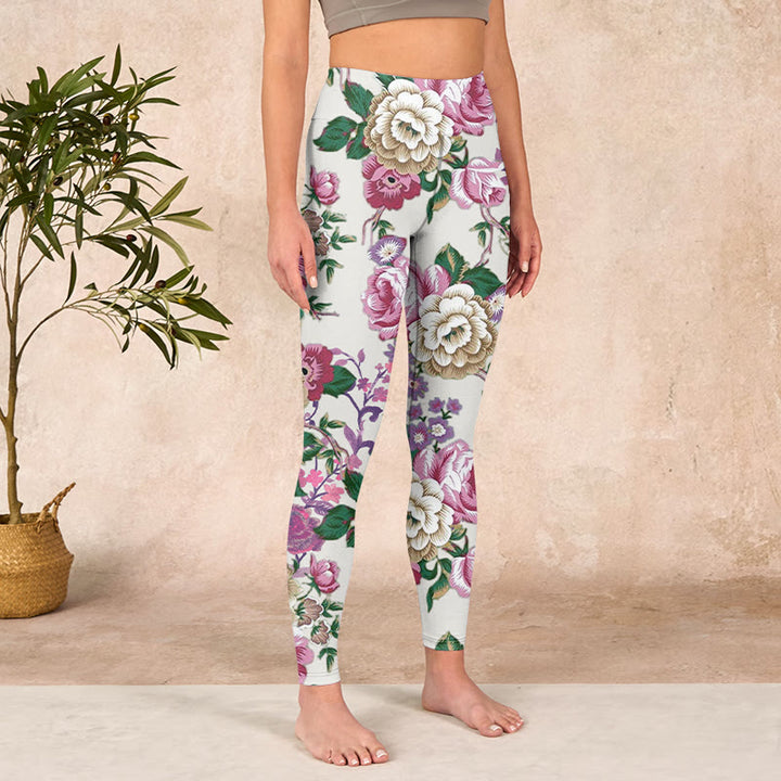 Buddha Stones Red White Peony Flower Print Sports Leggings Women's Yoga Pants - image 3