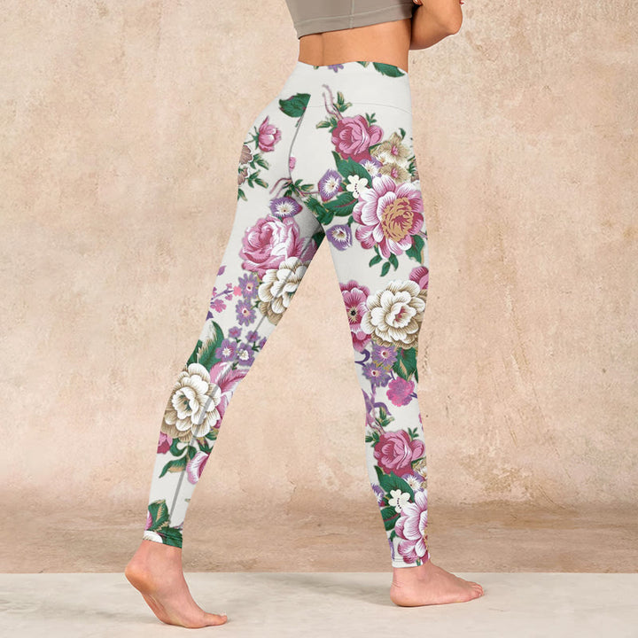 Buddha Stones Red White Peony Flower Print Sports Leggings Women's Yoga Pants - image 4
