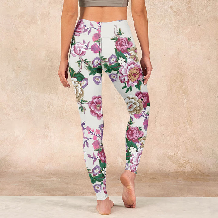 Buddha Stones Red White Peony Flower Print Sports Leggings Women's Yoga Pants - image 14