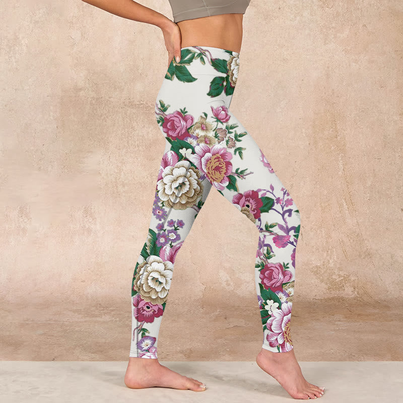 Buddha Stones Red White Peony Flower Print Sports Leggings Women's Yoga Pants - image 16