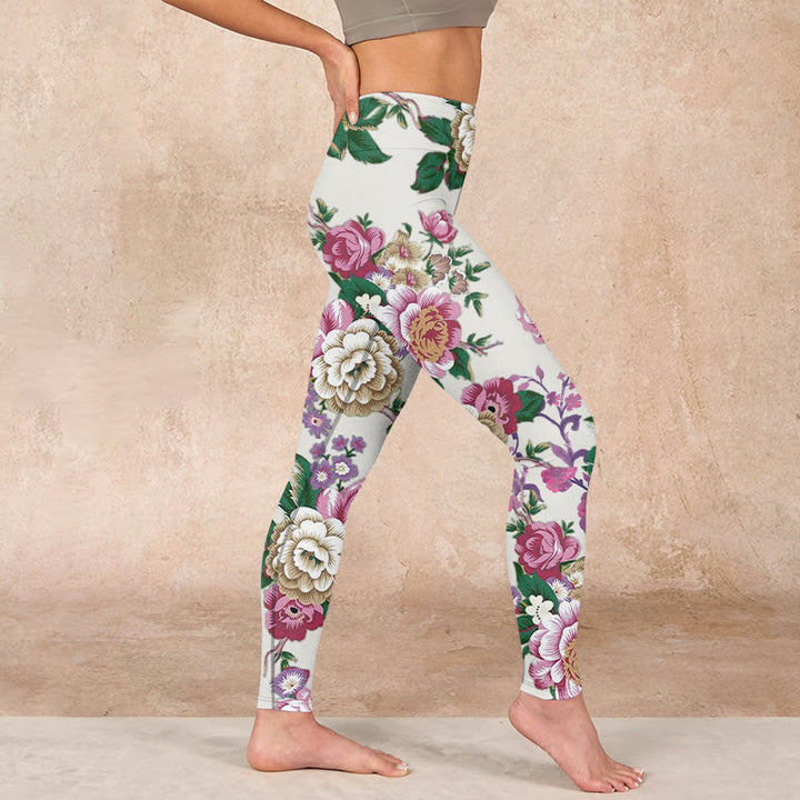 Buddha Stones Red White Peony Flower Print Sports Leggings Women's Yoga Pants - image 16