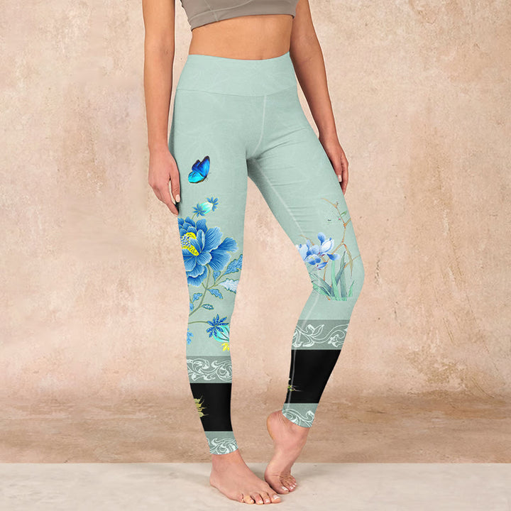Buddha Stones Mint Green Blue Peony Butterfly Print Sports Leggings Women's Yoga Pants - Honeydew - US18，UK/AU22，EU50 (4XL) - image 0