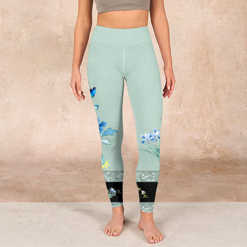 Buddha Stones Mint Green Blue Peony Butterfly Print Sports Leggings Women's Yoga Pants - image 1