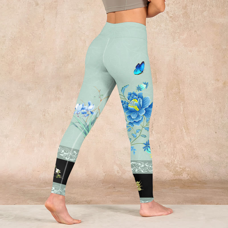 Buddha Stones Mint Green Blue Peony Butterfly Print Sports Leggings Women's Yoga Pants - image 3