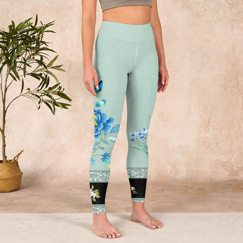 Buddha Stones Mint Green Blue Peony Butterfly Print Sports Leggings Women's Yoga Pants - image 4