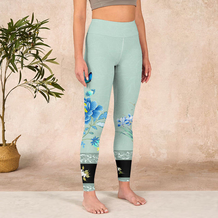 Buddha Stones Mint Green Blue Peony Butterfly Print Sports Leggings Women's Yoga Pants - image 4