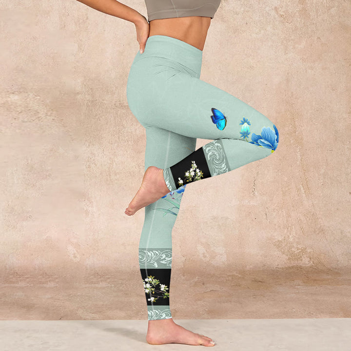 Buddha Stones Mint Green Blue Peony Butterfly Print Sports Leggings Women's Yoga Pants - image 15