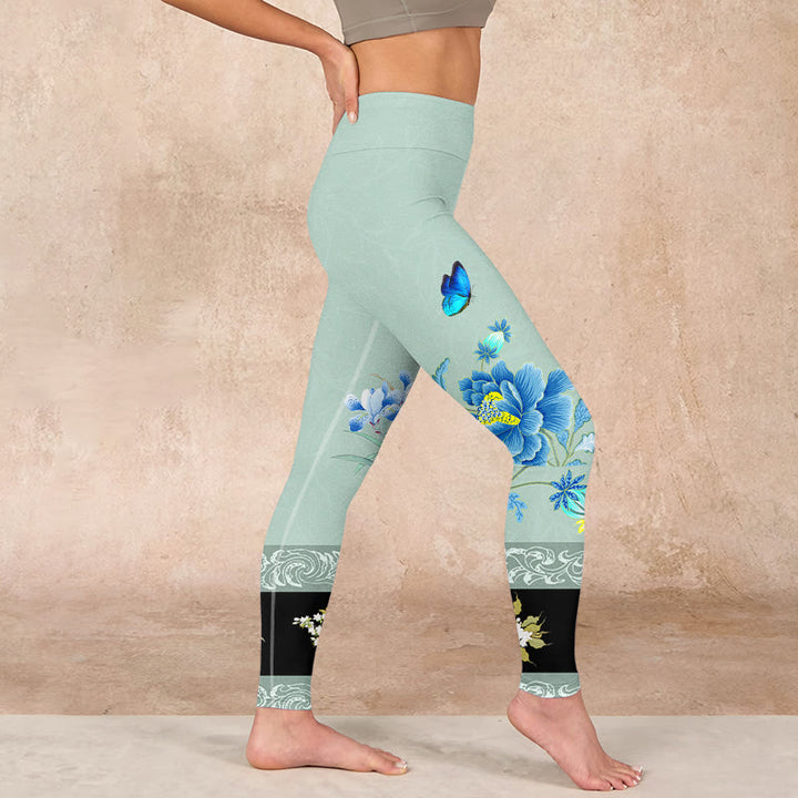 Buddha Stones Mint Green Blue Peony Butterfly Print Sports Leggings Women's Yoga Pants - image 16
