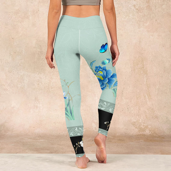 Buddha Stones Mint Green Blue Peony Butterfly Print Sports Leggings Women's Yoga Pants - image 14