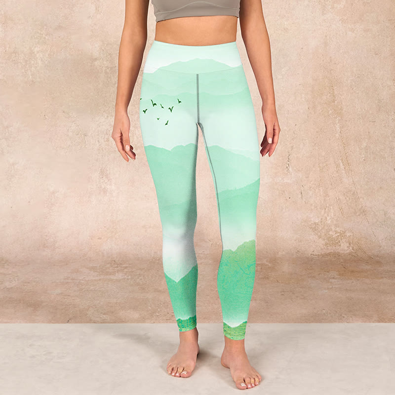 Buddha Stones Mint Cream Mountains Wild Goose Print Sports Leggings Women's Yoga Pants - image 1