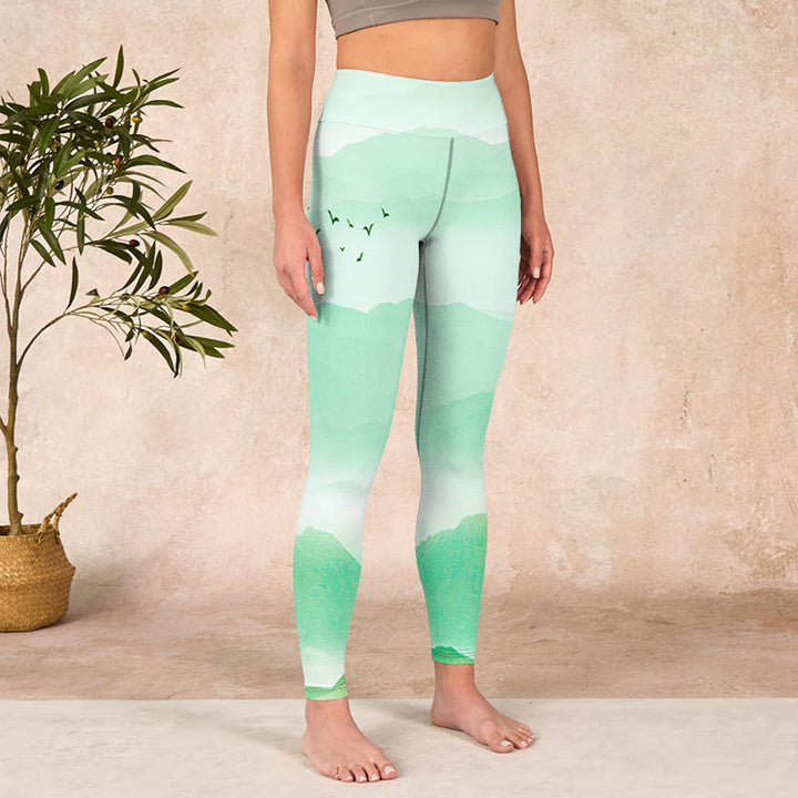 Buddha Stones Mint Cream Mountains Wild Goose Print Sports Leggings Women's Yoga Pants - image 3