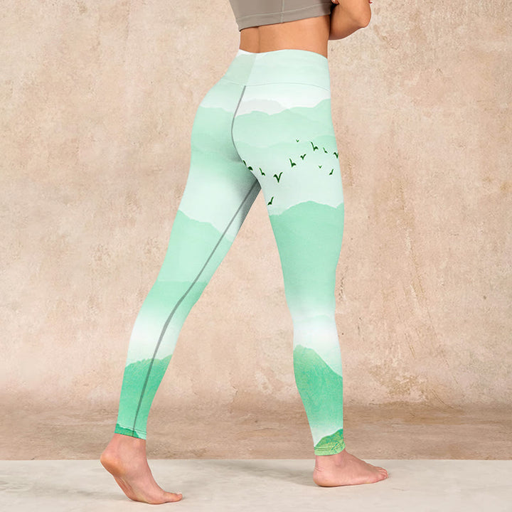 Buddha Stones Mint Cream Mountains Wild Goose Print Sports Leggings Women's Yoga Pants - image 4