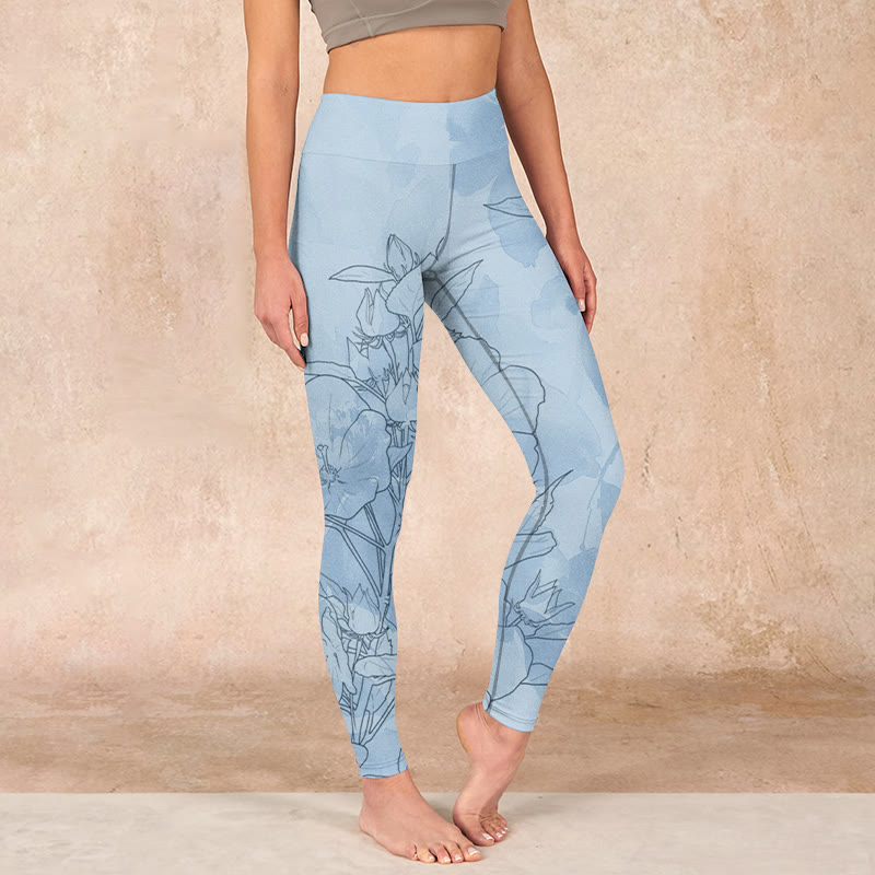 Buddha Stones Blue Flower Sketch Print Sports Leggings Women's Yoga Pants - LightBlue - US18，UK/AU22，EU50 (4XL) - image 0