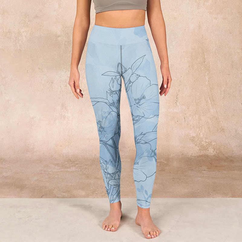Buddha Stones Blue Flower Sketch Print Sports Leggings Women's Yoga Pants - image 1