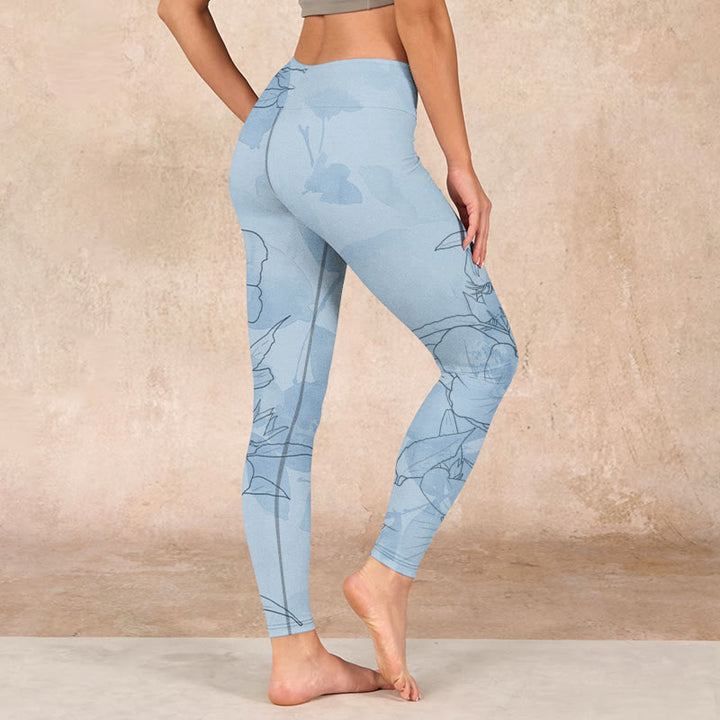 Buddha Stones Blue Flower Sketch Print Sports Leggings Women's Yoga Pants - image 2