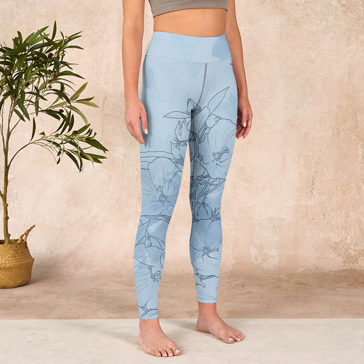 Buddha Stones Blue Flower Sketch Print Sports Leggings Women's Yoga Pants - image 3