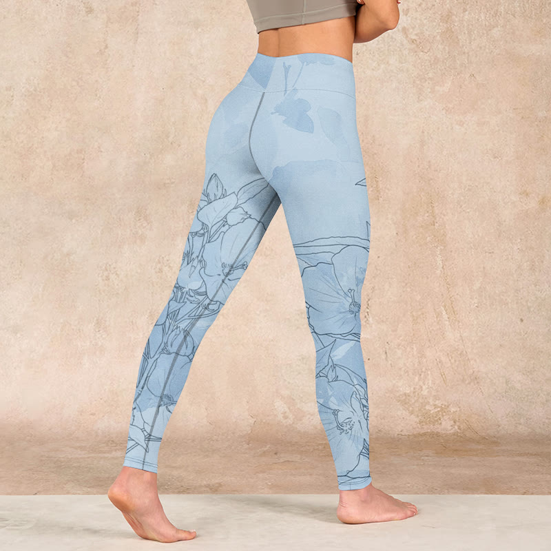 Buddha Stones Blue Flower Sketch Print Sports Leggings Women's Yoga Pants - image 4