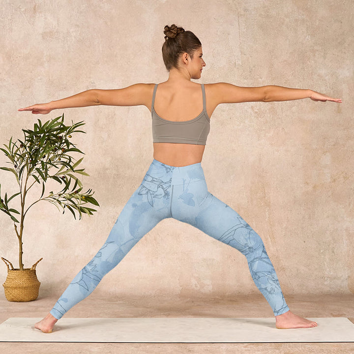 Buddha Stones Blue Flower Sketch Print Sports Leggings Women's Yoga Pants - image 10