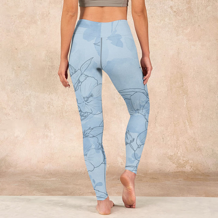 Buddha Stones Blue Flower Sketch Print Sports Leggings Women's Yoga Pants - image 16