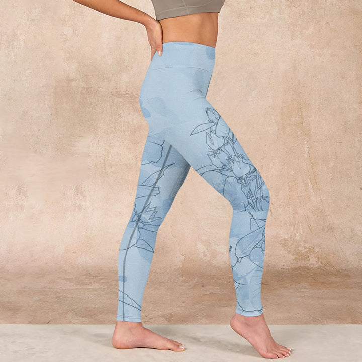 Buddha Stones Blue Flower Sketch Print Sports Leggings Women's Yoga Pants - image 14