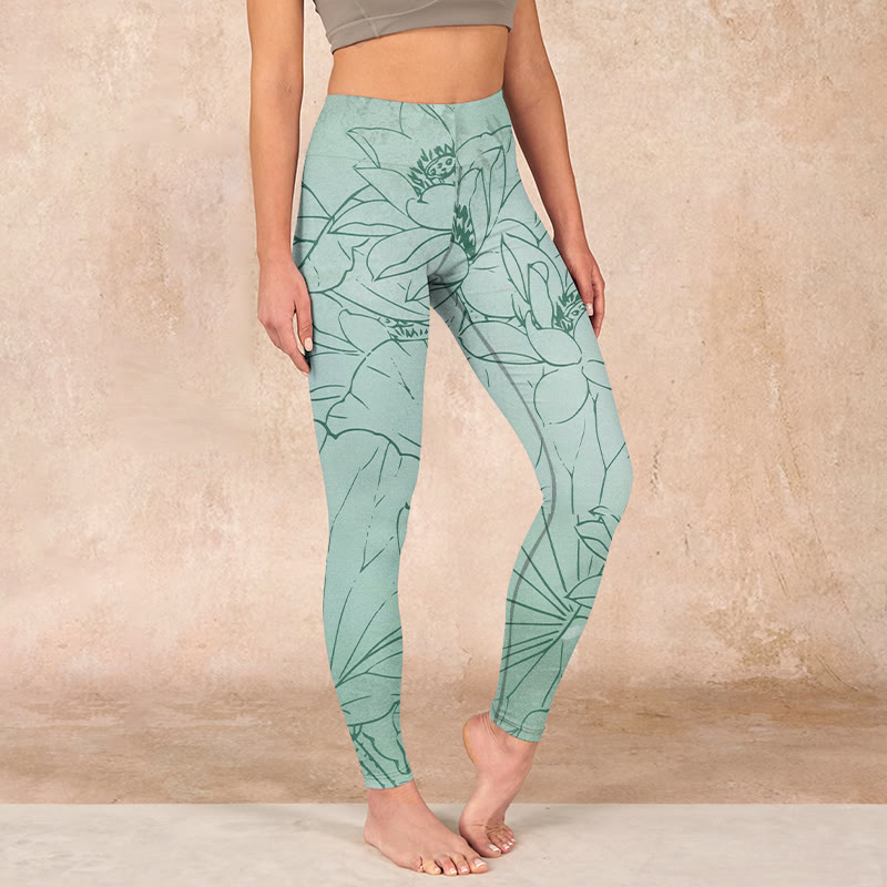 Buddha Stones Green Lotus Flower Print Sports Leggings Women's Yoga Pants - DarkSeaGreen - US18，UK/AU22，EU50 (4XL) - image 0