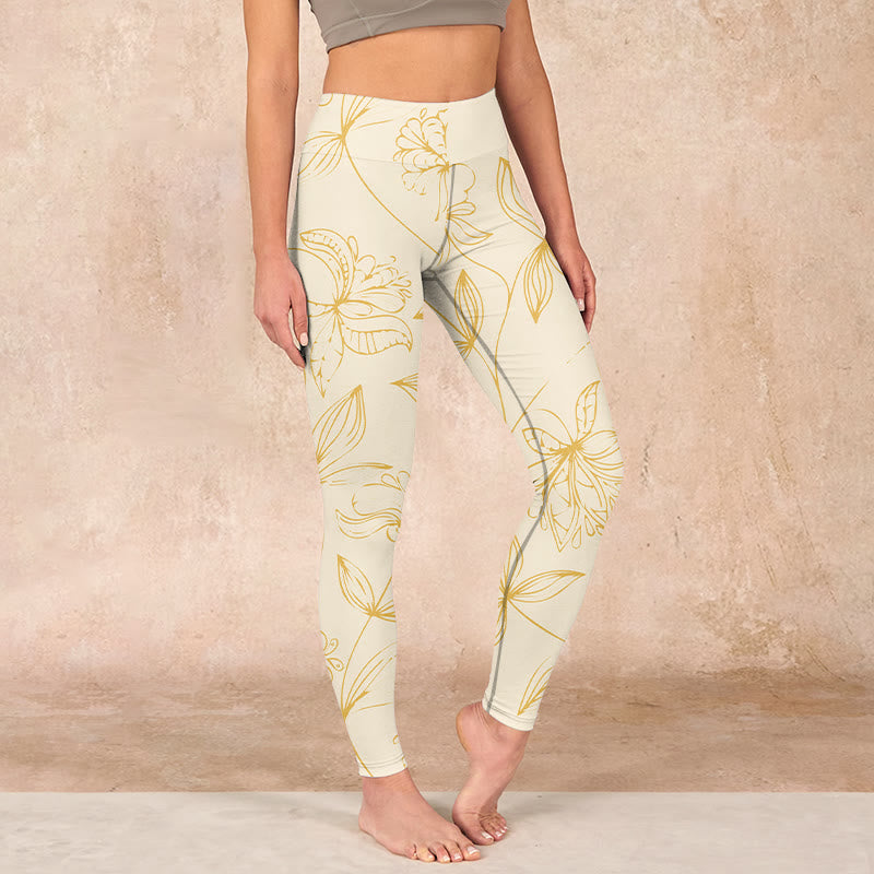 Buddha Stones Beige Flower Vine Print Gym Leggings Women's Yoga Pants - Beige - US18，UK/AU22，EU50 (4XL) - image 0