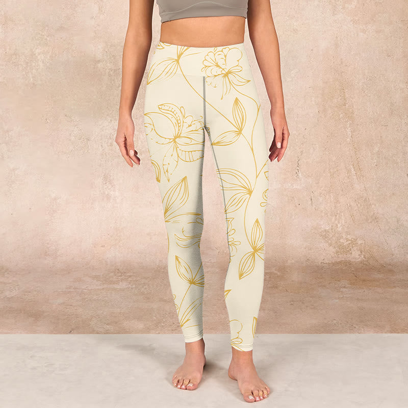 Buddha Stones Beige Flower Vine Print Gym Leggings Women's Yoga Pants - image 1