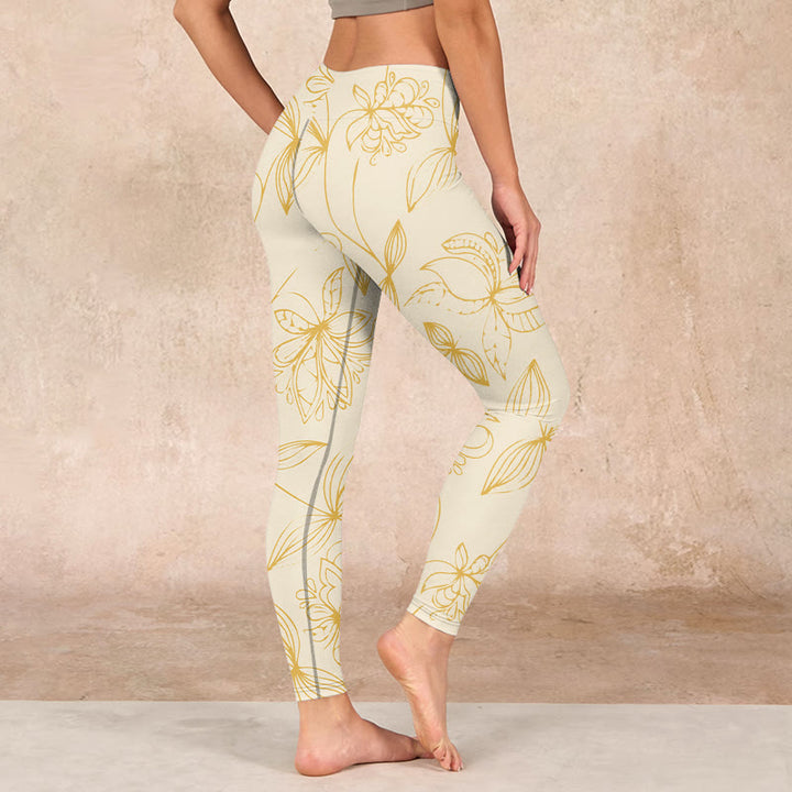 Buddha Stones Beige Flower Vine Print Gym Leggings Women's Yoga Pants - image 2